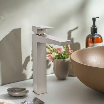 Boracay 1 Handle Vessel Sink Brass Bathroom Faucet with drain assembly in Brushed Nickel finish Boracay 1 Handle Vessel Sink Brass Bathroom Faucet with drain assembly in Brushed Nickel finish