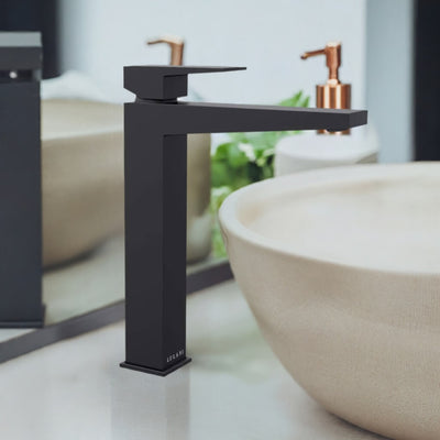 Boracay 1 Handle Vessel Sink Brass Bathroom Faucet with drain assembly in Matte Black finish Boracay 1 Handle Vessel Sink Brass Bathroom Faucet with drain assembly in Matte Black finish