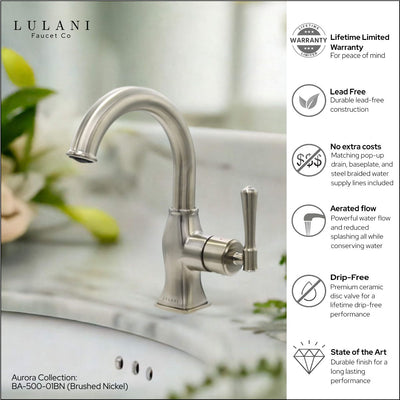 Aurora 1 Handle Single Hole Brass Bathroom Faucet with drain assembly in Brushed Nickel finish Aurora 1 Handle Single Hole Brass Bathroom Faucet with drain assembly in Brushed Nickel finish