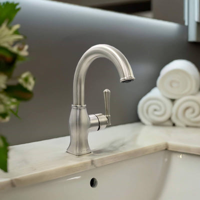 Aurora 1 Handle Single Hole Brass Bathroom Faucet with drain assembly in Brushed Nickel finish Aurora 1 Handle Single Hole Brass Bathroom Faucet with drain assembly in Brushed Nickel finish