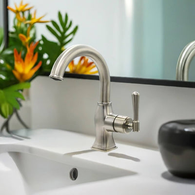 Aurora 1 Handle Single Hole Brass Bathroom Faucet with drain assembly in Brushed Nickel finish Aurora 1 Handle Single Hole Brass Bathroom Faucet with drain assembly in Brushed Nickel finish