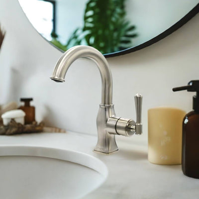 Aurora 1 Handle Single Hole Brass Bathroom Faucet with drain assembly in Brushed Nickel finish Aurora 1 Handle Single Hole Brass Bathroom Faucet with drain assembly in Brushed Nickel finish