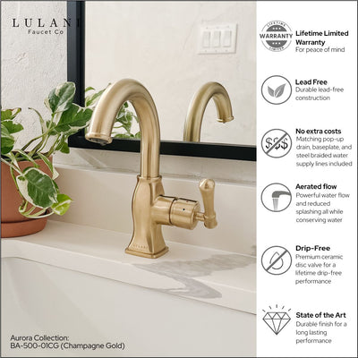 Aurora 1 Handle Single Hole Brass Bathroom Faucet with drain assembly in Champagne Gold finish Aurora 1 Handle Single Hole Brass Bathroom Faucet with drain assembly in Champagne Gold finish