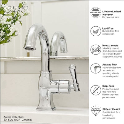 Aurora 1 Handle Single Hole Brass Bathroom Faucet with drain assembly in Chrome finish Aurora 1 Handle Single Hole Brass Bathroom Faucet with drain assembly in Chrome finish