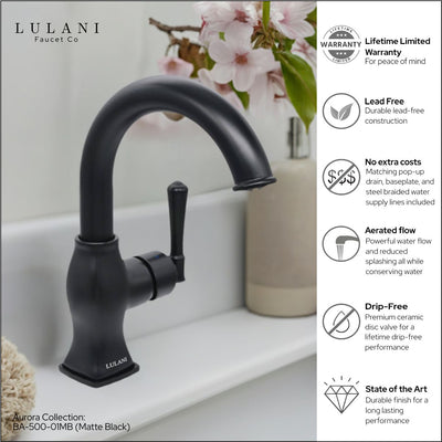 Aurora 1 Handle Single Hole Brass Bathroom Faucet with drain assembly in Matte Black finish Aurora 1 Handle Single Hole Brass Bathroom Faucet with drain assembly in Matte Black finish