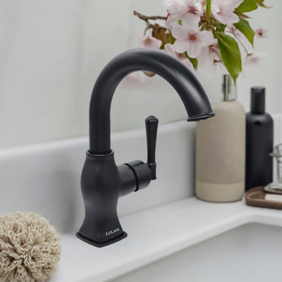 Aurora 1 Handle Single Hole Brass Bathroom Faucet with drain assembly in Matte Black finish Aurora 1 Handle Single Hole Brass Bathroom Faucet with drain assembly in Matte Black finish