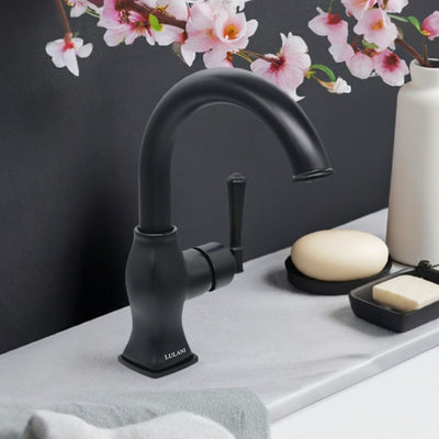 Aurora 1 Handle Single Hole Brass Bathroom Faucet with drain assembly in Matte Black finish Aurora 1 Handle Single Hole Brass Bathroom Faucet with drain assembly in Matte Black finish