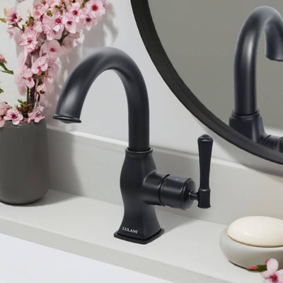 Aurora 1 Handle Single Hole Brass Bathroom Faucet with drain assembly in Matte Black finish Aurora 1 Handle Single Hole Brass Bathroom Faucet with drain assembly in Matte Black finish