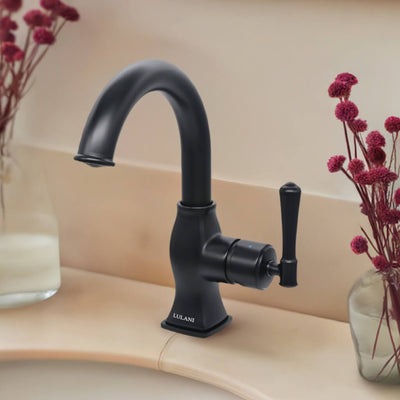 Aurora 1 Handle Single Hole Brass Bathroom Faucet with drain assembly in Matte Black finish Aurora 1 Handle Single Hole Brass Bathroom Faucet with drain assembly in Matte Black finish