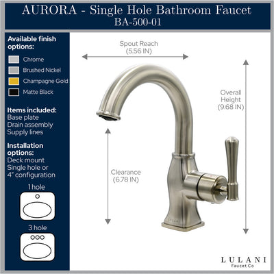 Aurora 1 Handle Single Hole Brass Bathroom Faucet with drain assembly in All finish
