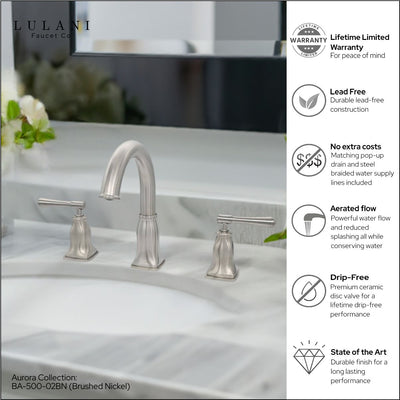 Aurora 2 Handle Widespread Brass Bathroom Faucet with drain assembly in Brushed Nickel finish Aurora 2 Handle Widespread Brass Bathroom Faucet with drain assembly in Brushed Nickel finish