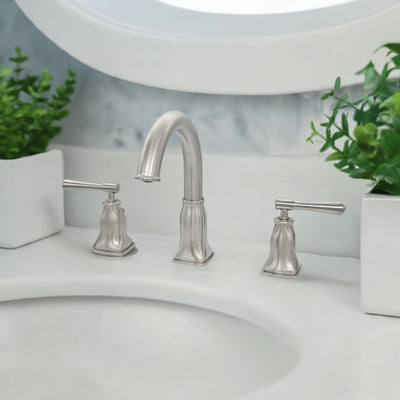 Aurora 2 Handle Widespread Brass Bathroom Faucet with drain assembly in Brushed Nickel finish Aurora 2 Handle Widespread Brass Bathroom Faucet with drain assembly in Brushed Nickel finish