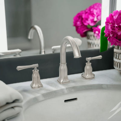 Aurora 2 Handle Widespread Brass Bathroom Faucet with drain assembly in Brushed Nickel finish Aurora 2 Handle Widespread Brass Bathroom Faucet with drain assembly in Brushed Nickel finish