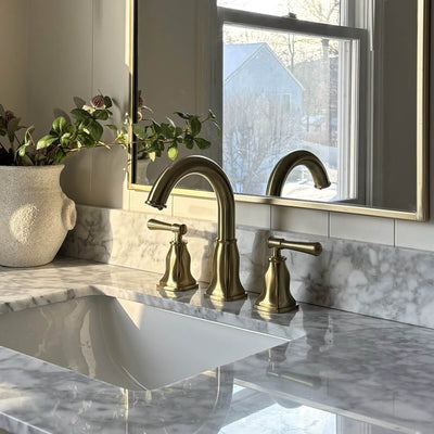 Aurora 2 Handle Widespread Brass Bathroom Faucet with drain assembly in Champagne Gold finish Aurora 2 Handle Widespread Brass Bathroom Faucet with drain assembly in Champagne Gold finish