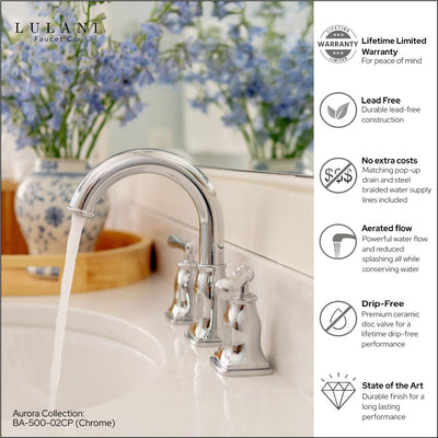Aurora 2 Handle Widespread Brass Bathroom Faucet with drain assembly in Chrome finish Aurora 2 Handle Widespread Brass Bathroom Faucet with drain assembly in Chrome finish