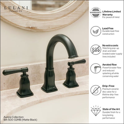 Aurora 2 Handle Widespread Brass Bathroom Faucet with drain assembly in Matte Black finish Aurora 2 Handle Widespread Brass Bathroom Faucet with drain assembly in Matte Black finish