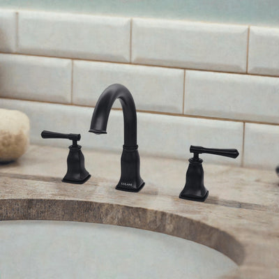 Aurora 2 Handle Widespread Brass Bathroom Faucet with drain assembly in Matte Black finish Aurora 2 Handle Widespread Brass Bathroom Faucet with drain assembly in Matte Black finish