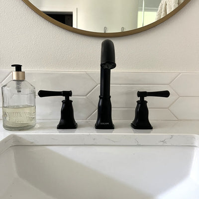 Aurora 2 Handle Widespread Brass Bathroom Faucet with drain assembly in Matte Black finish Aurora 2 Handle Widespread Brass Bathroom Faucet with drain assembly in Matte Black finish