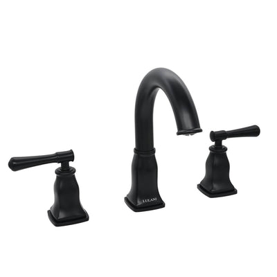 Aurora 2 Handle Widespread Brass Bathroom Faucet with drain assembly in Matte Black finish Aurora 2 Handle Widespread Brass Bathroom Faucet with drain assembly in Matte Black finish