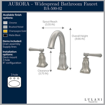Aurora 2 Handle Widespread Brass Bathroom Faucet with drain assembly in All finish Aurora 2 Handle Widespread Brass Bathroom Faucet with drain assembly in All finish