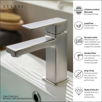 Capri 1 Handle Single Hole Brass Bathroom Faucet with drain assembly in Brushed Nickel finish Capri 1 Handle Single Hole Brass Bathroom Faucet with drain assembly in Brushed Nickel finish