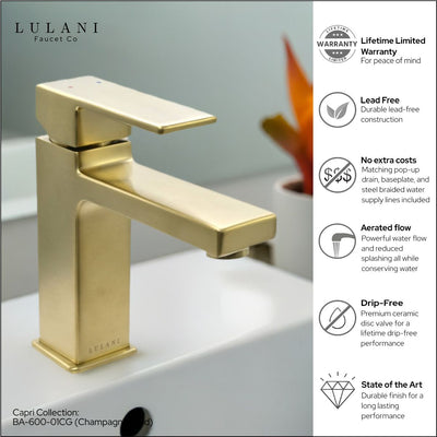 Capri 1 Handle Single Hole Brass Bathroom Faucet with drain assembly in Champagne Gold finish Capri 1 Handle Single Hole Brass Bathroom Faucet with drain assembly in Champagne Gold finish