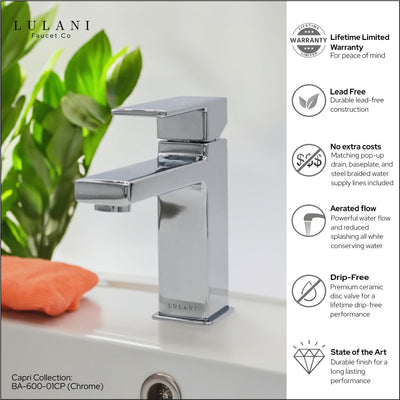 Capri 1 Handle Single Hole Brass Bathroom Faucet with drain assembly in Chrome finish Capri 1 Handle Single Hole Brass Bathroom Faucet with drain assembly in Chrome finish