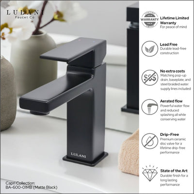 Capri 1 Handle Single Hole Brass Bathroom Faucet with drain assembly in Matte Black finish Capri 1 Handle Single Hole Brass Bathroom Faucet with drain assembly in Matte Black finish