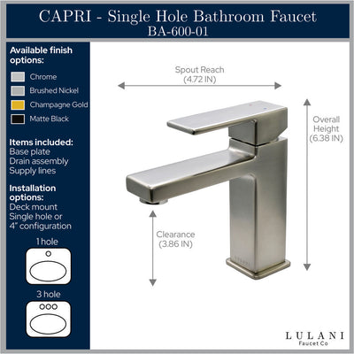Capri 1 Handle Single Hole Brass Bathroom Faucet with drain assembly in All finish Capri 1 Handle Single Hole Brass Bathroom Faucet with drain assembly in All finish