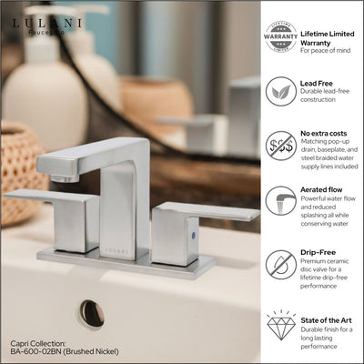 Capri 2 Handle 3 Hole Centerset Brass Bathroom Faucet with drain assembly in Brushed Nickel finish Capri 2 Handle 3 Hole Centerset Brass Bathroom Faucet with drain assembly in Brushed Nickel finish