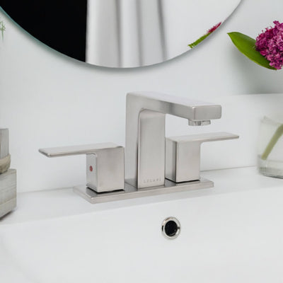 Capri 2 Handle 3 Hole Centerset Brass Bathroom Faucet with drain assembly in Brushed Nickel finish Capri 2 Handle 3 Hole Centerset Brass Bathroom Faucet with drain assembly in Brushed Nickel finish