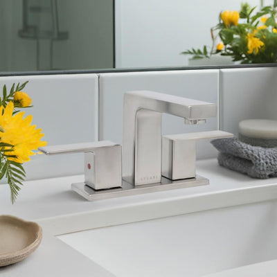 Capri 2 Handle 3 Hole Centerset Brass Bathroom Faucet with drain assembly in Brushed Nickel finish Capri 2 Handle 3 Hole Centerset Brass Bathroom Faucet with drain assembly in Brushed Nickel finish