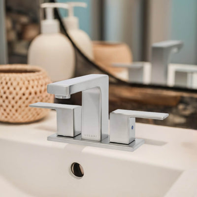 Capri 2 Handle 3 Hole Centerset Brass Bathroom Faucet with drain assembly in Brushed Nickel finish Capri 2 Handle 3 Hole Centerset Brass Bathroom Faucet with drain assembly in Brushed Nickel finish