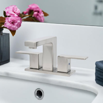 Capri 2 Handle 3 Hole Centerset Brass Bathroom Faucet with drain assembly in Brushed Nickel finish Capri 2 Handle 3 Hole Centerset Brass Bathroom Faucet with drain assembly in Brushed Nickel finish