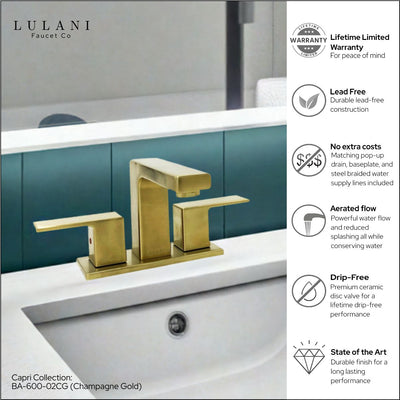 Capri 2 Handle 3 Hole Centerset Brass Bathroom Faucet with drain assembly in Champagne Gold finish Capri 2 Handle 3 Hole Centerset Brass Bathroom Faucet with drain assembly in Champagne Gold finish