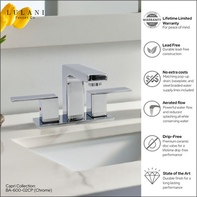 Capri 2 Handle 3 Hole Centerset Brass Bathroom Faucet with drain assembly in Chrome finish Capri 2 Handle 3 Hole Centerset Brass Bathroom Faucet with drain assembly in Chrome finish
