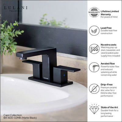 Capri 2 Handle 3 Hole Centerset Brass Bathroom Faucet with drain assembly in Matte Black finish Capri 2 Handle 3 Hole Centerset Brass Bathroom Faucet with drain assembly in Matte Black finish