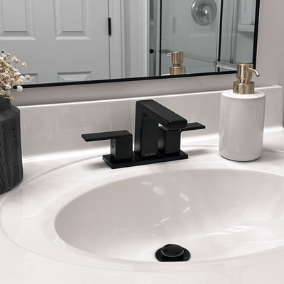 Capri 2 Handle 3 Hole Centerset Brass Bathroom Faucet with drain assembly in Matte Black finish Capri 2 Handle 3 Hole Centerset Brass Bathroom Faucet with drain assembly in Matte Black finish