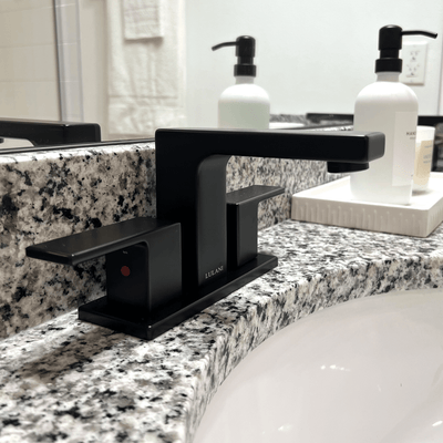 Capri 2 Handle 3 Hole Centerset Brass Bathroom Faucet with drain assembly in Matte Black finish Capri 2 Handle 3 Hole Centerset Brass Bathroom Faucet with drain assembly in Matte Black finish