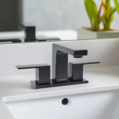 Capri 2 Handle 3 Hole Centerset Brass Bathroom Faucet with drain assembly in Matte Black finish Capri 2 Handle 3 Hole Centerset Brass Bathroom Faucet with drain assembly in Matte Black finish
