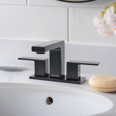 Capri 2 Handle 3 Hole Centerset Brass Bathroom Faucet with drain assembly in Matte Black finish Capri 2 Handle 3 Hole Centerset Brass Bathroom Faucet with drain assembly in Matte Black finish