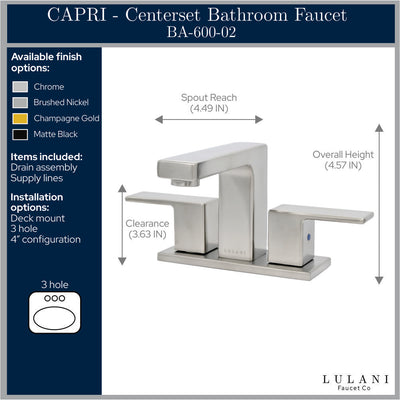 Capri 2 Handle 3 Hole Centerset Brass Bathroom Faucet with drain assembly in All finish Capri 2 Handle 3 Hole Centerset Brass Bathroom Faucet with drain assembly in All finish