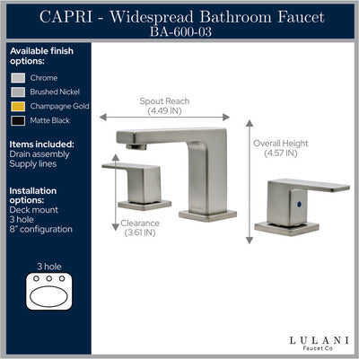 Capri 2 Handle 3 Hole Widespread Brass Bathroom Faucet with drain assembly in All finish