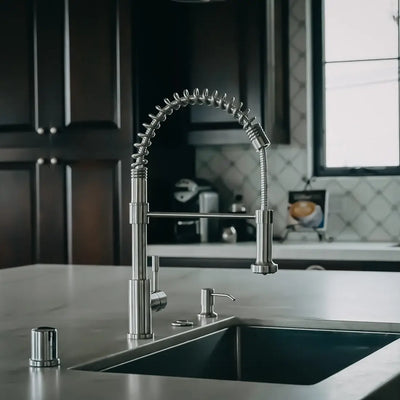 Soneva Stainless Steel 1 Handle Swivel Kitchen Faucet Includes Baseplate in Brushed Stainless finish Soneva Stainless Steel 1 Handle Swivel Kitchen Faucet Includes Baseplate in Brushed Stainless finish