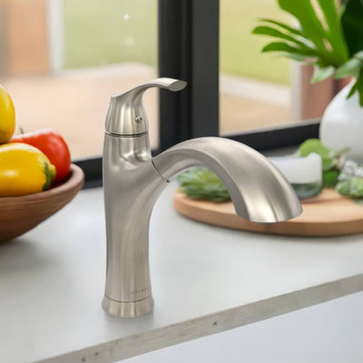 Maldives 1 Handle Pull-Out Swivel Kitchen Faucet in Brushed Nickel finish Maldives 1 Handle Pull-Out Swivel Kitchen Faucet in Brushed Nickel finish