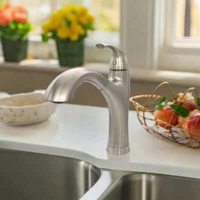 Maldives 1 Handle Pull-Out Swivel Kitchen Faucet in Brushed Nickel finish Maldives 1 Handle Pull-Out Swivel Kitchen Faucet in Brushed Nickel finish