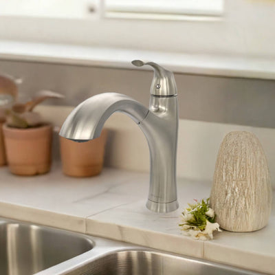 Maldives 1 Handle Pull-Out Swivel Kitchen Faucet in Brushed Nickel finish Maldives 1 Handle Pull-Out Swivel Kitchen Faucet in Brushed Nickel finish