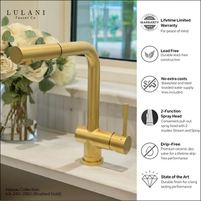 Nassau Stainless Steel 1 Handle Pull-Out Swivel Kitchen Faucet with PVD Finish Includes Baseplate in Brushed Gold finish Nassau Stainless Steel 1 Handle Pull-Out Swivel Kitchen Faucet with PVD Finish Includes Baseplate in Brushed Gold finish