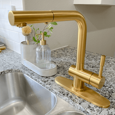 Nassau Stainless Steel 1 Handle Pull-Out Swivel Kitchen Faucet with PVD Finish Includes Baseplate in Brushed Gold finish Nassau Stainless Steel 1 Handle Pull-Out Swivel Kitchen Faucet with PVD Finish Includes Baseplate in Brushed Gold finish