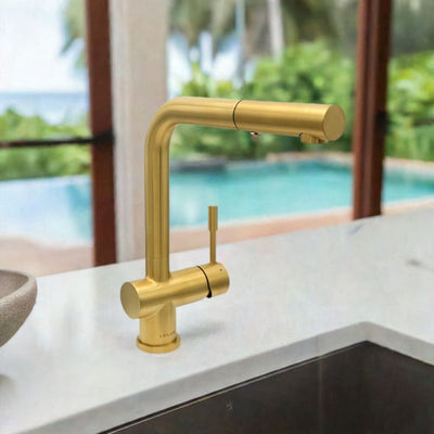 Nassau Stainless Steel 1 Handle Pull-Out Swivel Kitchen Faucet with PVD Finish Includes Baseplate in Brushed Gold finish Nassau Stainless Steel 1 Handle Pull-Out Swivel Kitchen Faucet with PVD Finish Includes Baseplate in Brushed Gold finish